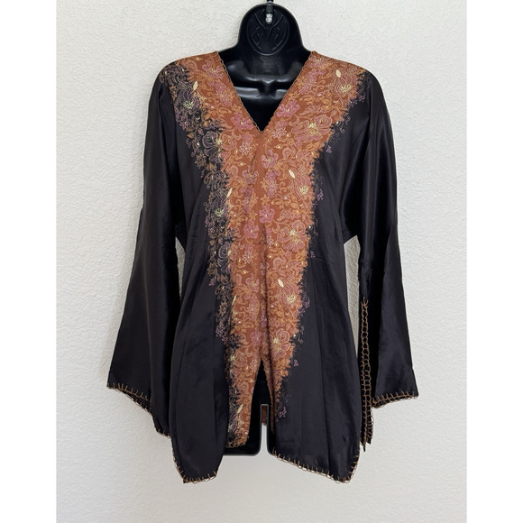 Vintage Retro Silk Beaded V-Neck Top Tunic Boho Witchy Fairy Goth Festival - Picture 4 of 12